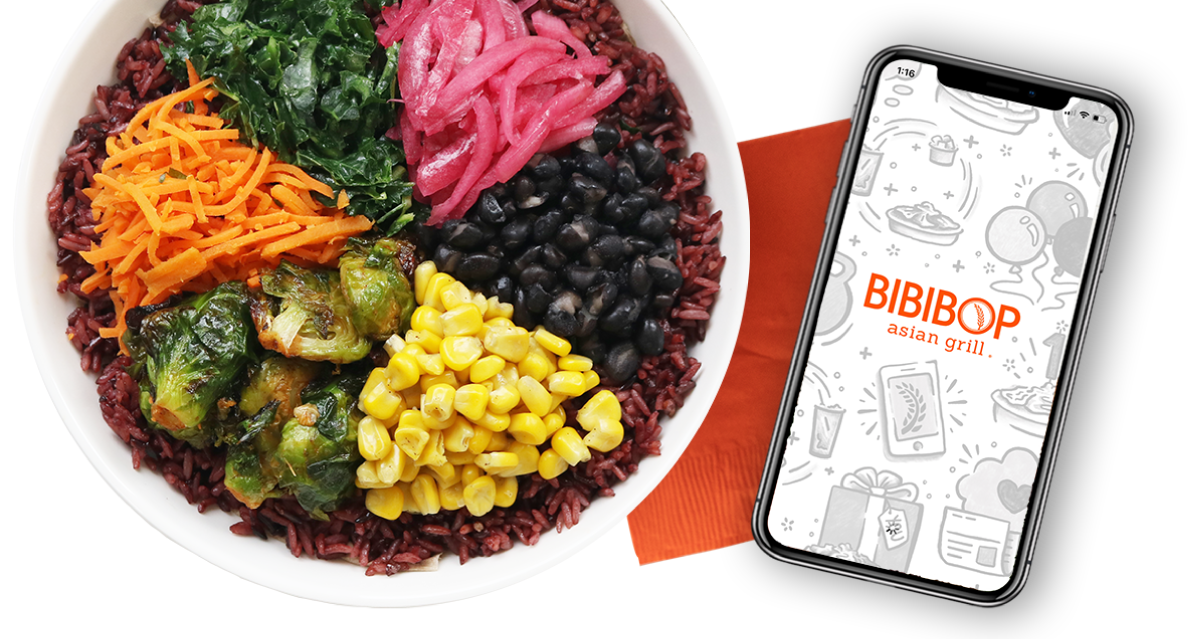 Bibibop bowl with napkin and phone with mobile ordering app