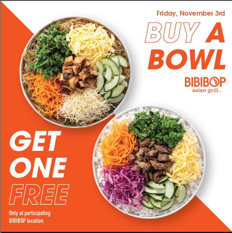 Free BOGO offer at BIBIBOP on November 3rd, 2023