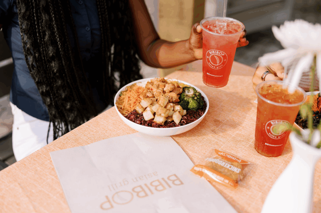 BIBIBOP bowl, drinks, cookie, and bag