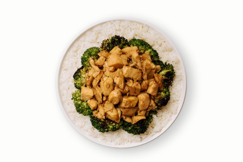 BIBIBOP Double Protein Bowl with White Rice, double protein portion, one topping, and sauce
